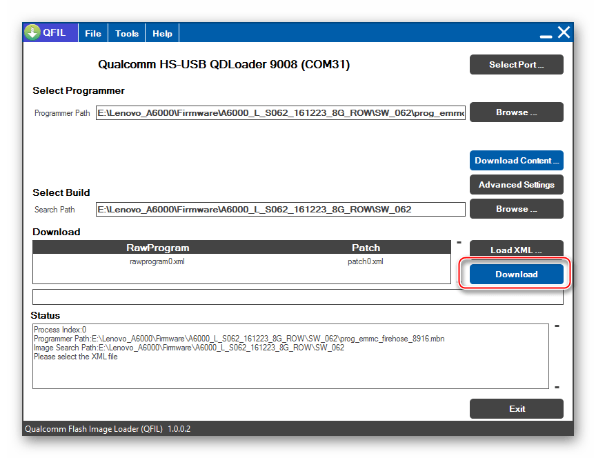 Lenovo A6000 начало прошивки через QFIL кнопка Download