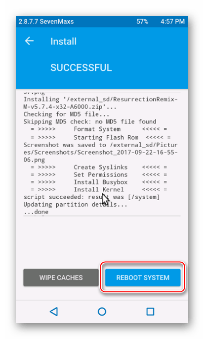 Lenovo A6000 TWRP установка кастомной прошивки завершена Reboot System