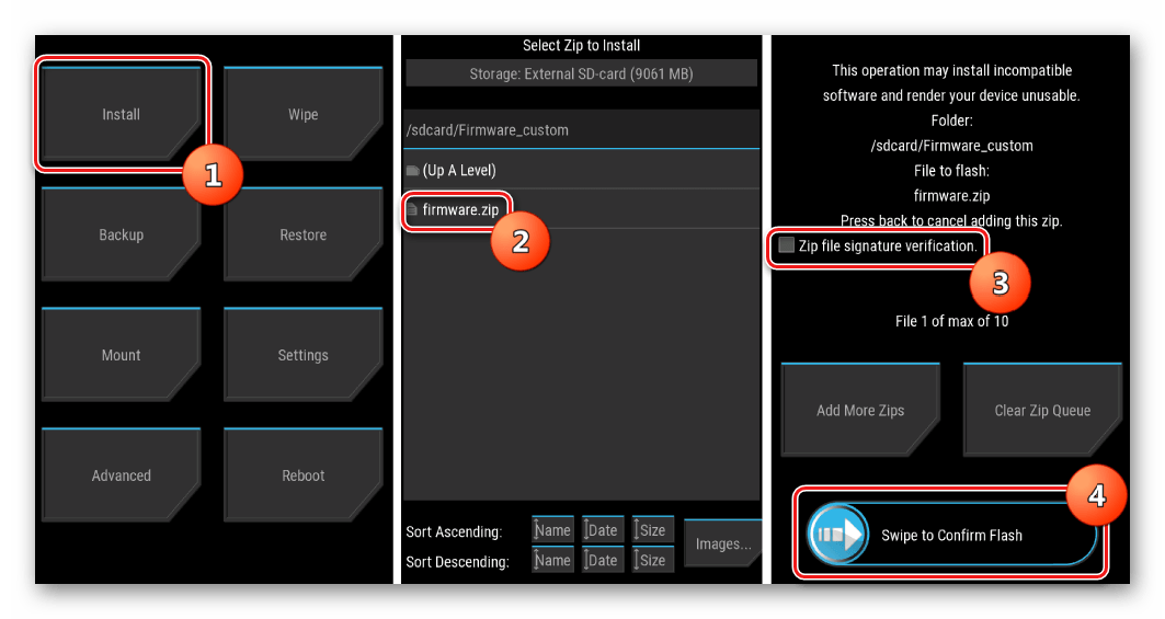 Lenovo A526 TWRP установка зип-файла с прошивкой