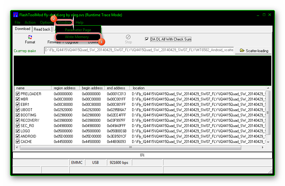 Fly IQ4415 Era Style 3 FlashToolMod вызов вкладки Write Memory