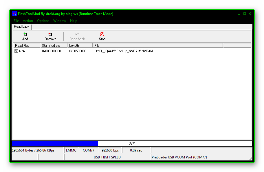 Fly IQ4415 Era Style 3 FlashToolMod вычитка NVRAM прогресс