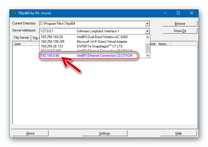 TP-Link TL-740N утилита TFTPD - выбор интерфейса для подключения восстанавливаемого роутера