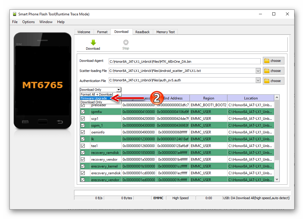 Huawei Honor 8A восстановление смартфона в режиме Firmware Upgrade через SP Flash Tool