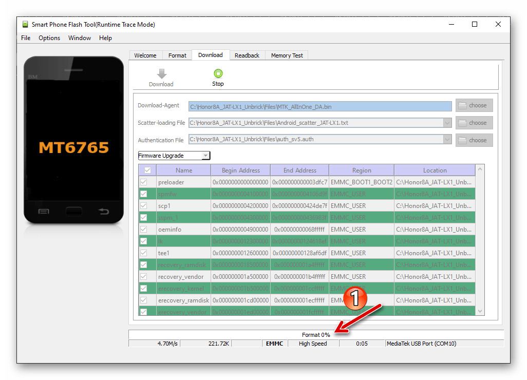 Huawei Honor 8A форматирование системных областей программой SP Flash Tool