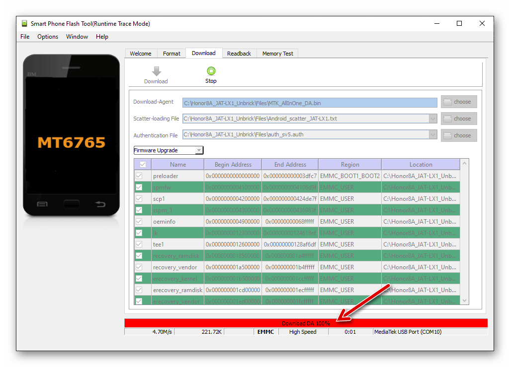 Huawei Honor 8A определился в SP Flash Tool, начало прошивки