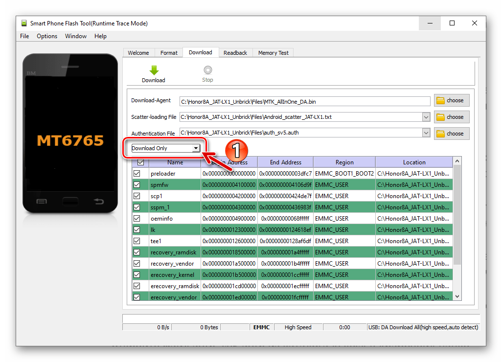 Huawei Honor 8A SP Flash Tool выбор режима прошивки в программе