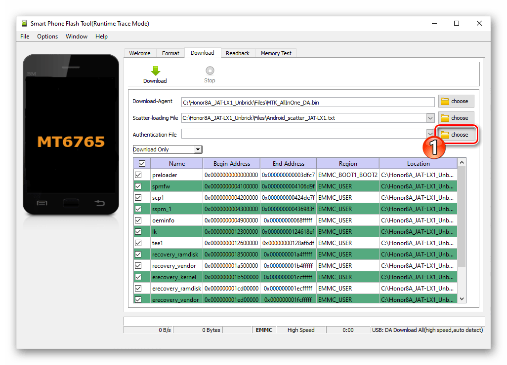 Huawei Honor 8A кнопка загрузки Authentification File в SP Flash Tool