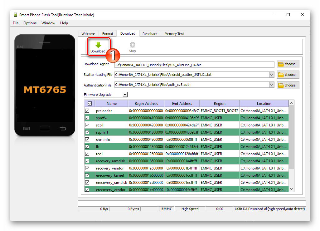 Huawei Honor 8A SP Flash Tool начало переноса файлов в смартфон через программу