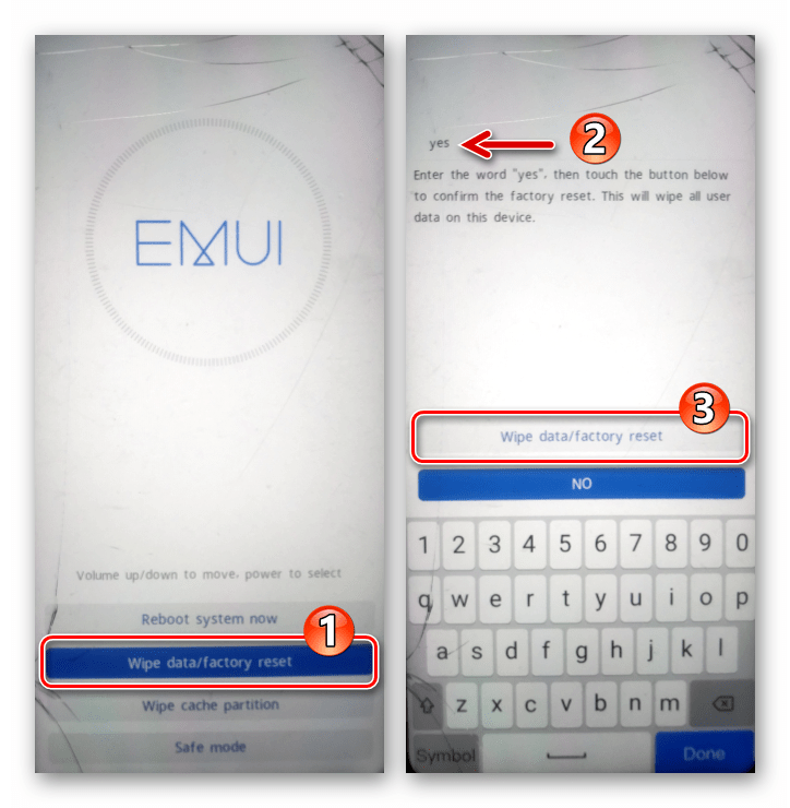 Huawei Honor 8A сброс через рекавер - переход к процедуре, подверждение намерения стереть все данные с телефона