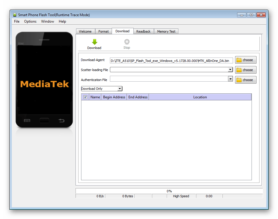 ZTE Blade A510 SP FlashTool главное окно