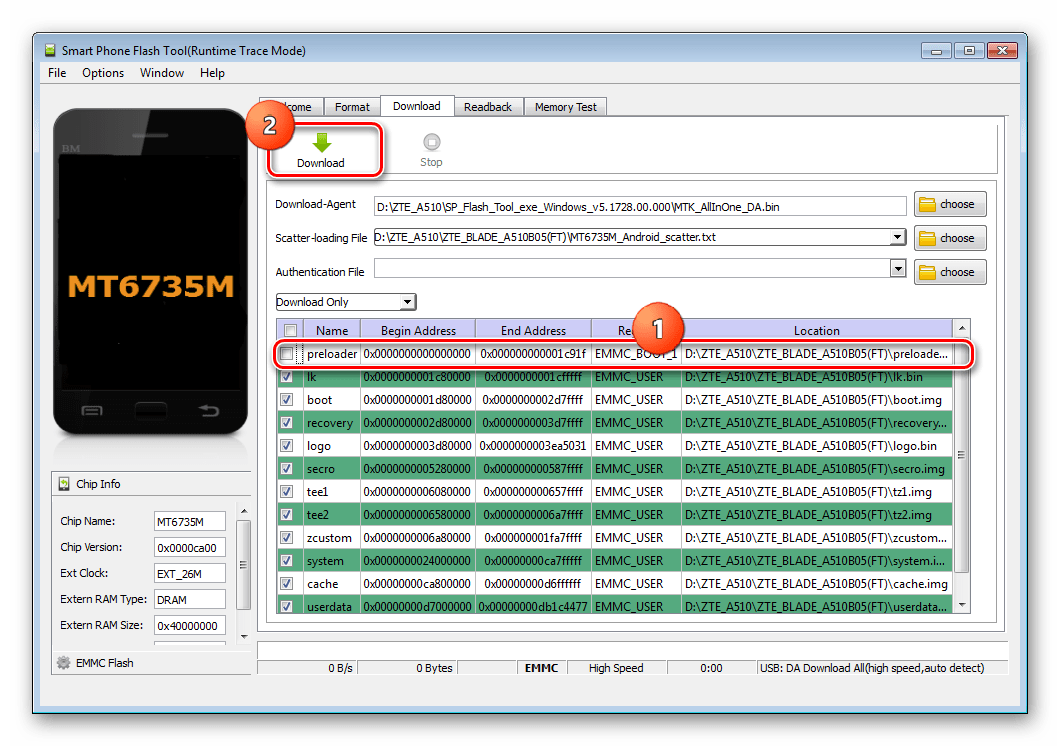 ZTE Blade A510 SP Flash Tool прошивка без прелоадера в режиме Download Only