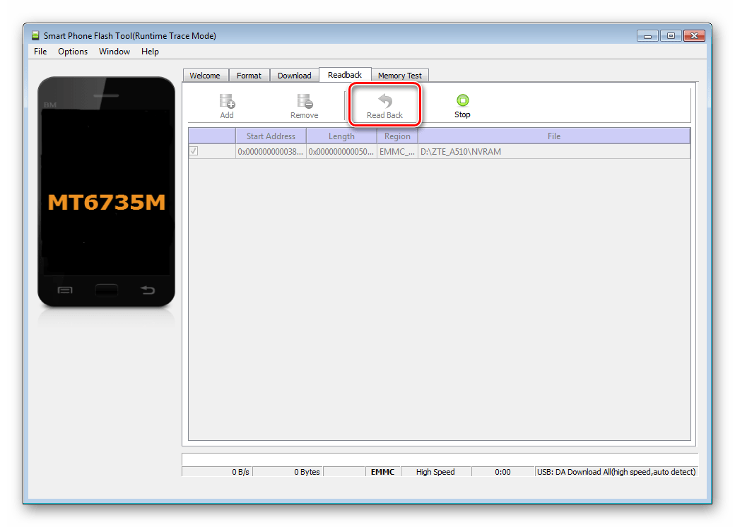 ZTE Blade A510 SP Flash Tool вычитывание NVRAM кнопка Readback 