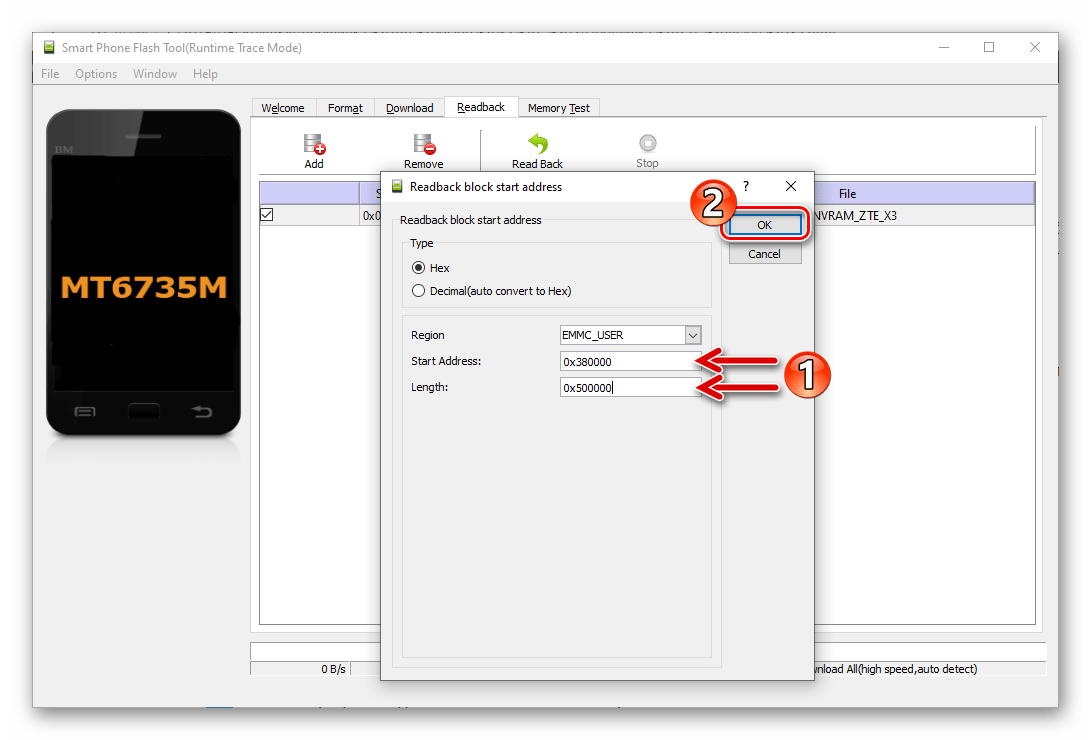 ZTE Blade X3 SP Flash Tool ввод значений начального адреса и длительности блока NVRAM памяти смартфона