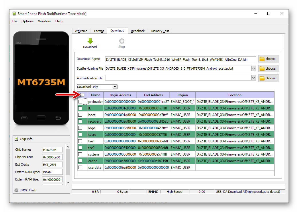 ZTE Blade X3 SP Flash Tool снять отметки со всех чекбоксов возле имен разделов в окне программы