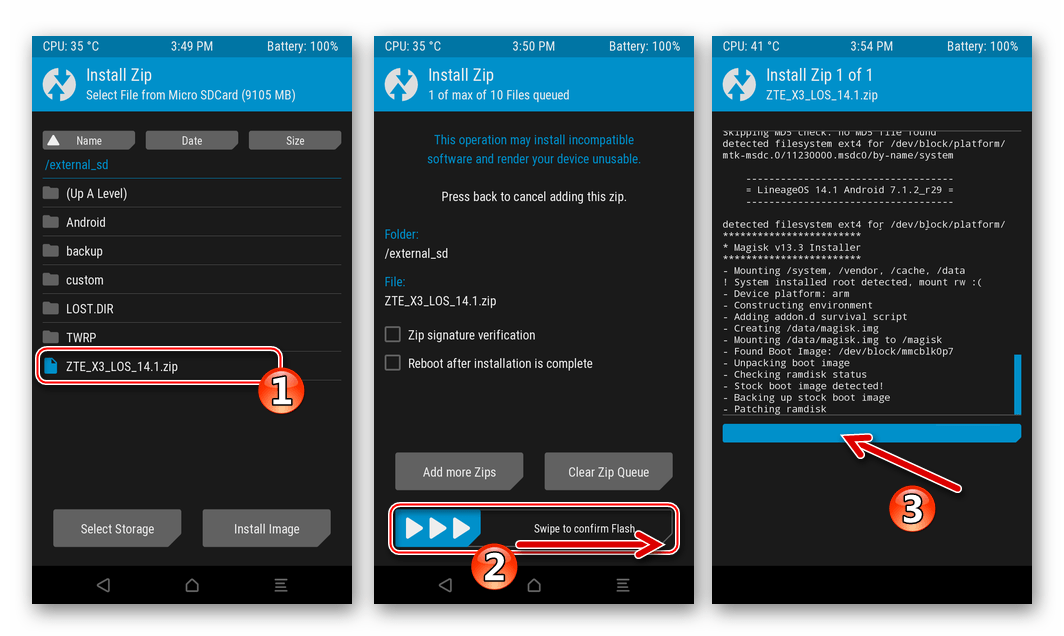 ZTE Blade X3 TWRP процесс установки кастомной прошивки через рекавери