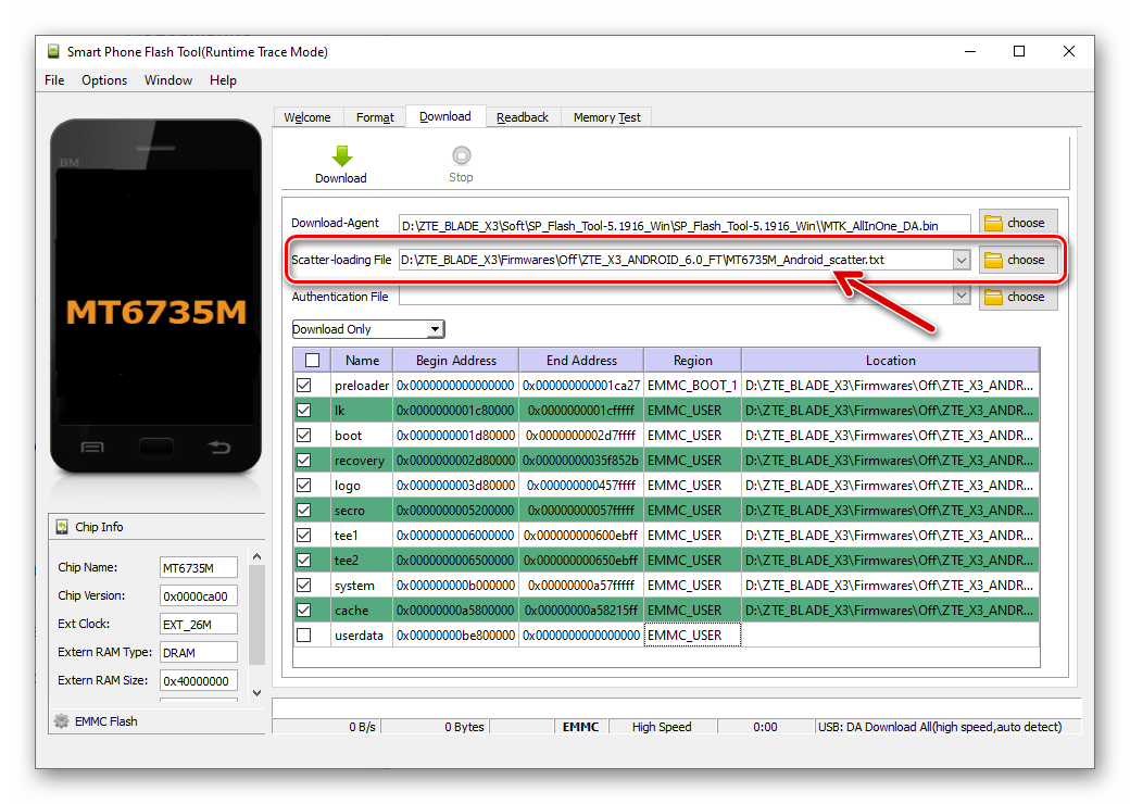 ZTE Blade X3 прошивка через SP Flash Tool - загрузка скаттер-файла в приложение