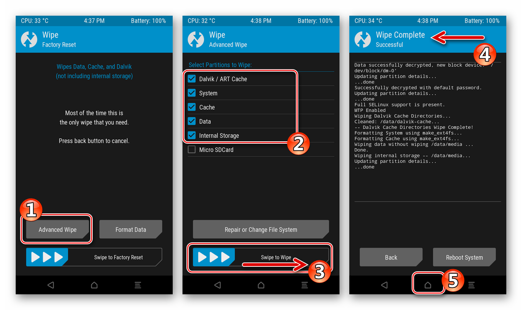 ZTE Blade X3 процедура Full Wipe в TWRP перед восстановлением официальной ОС из Nandroid-бэкапа