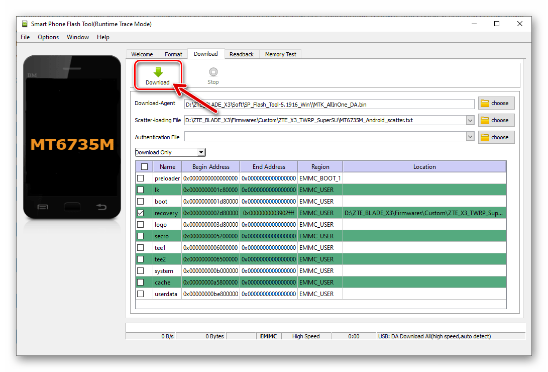 ZTE Blade X3 SP Flash Tool начало прошивки образа TWRP в память девайса