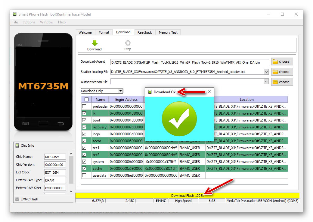 ZTE Blade X3 прошивка смартфона через SP Flash Tool завершена