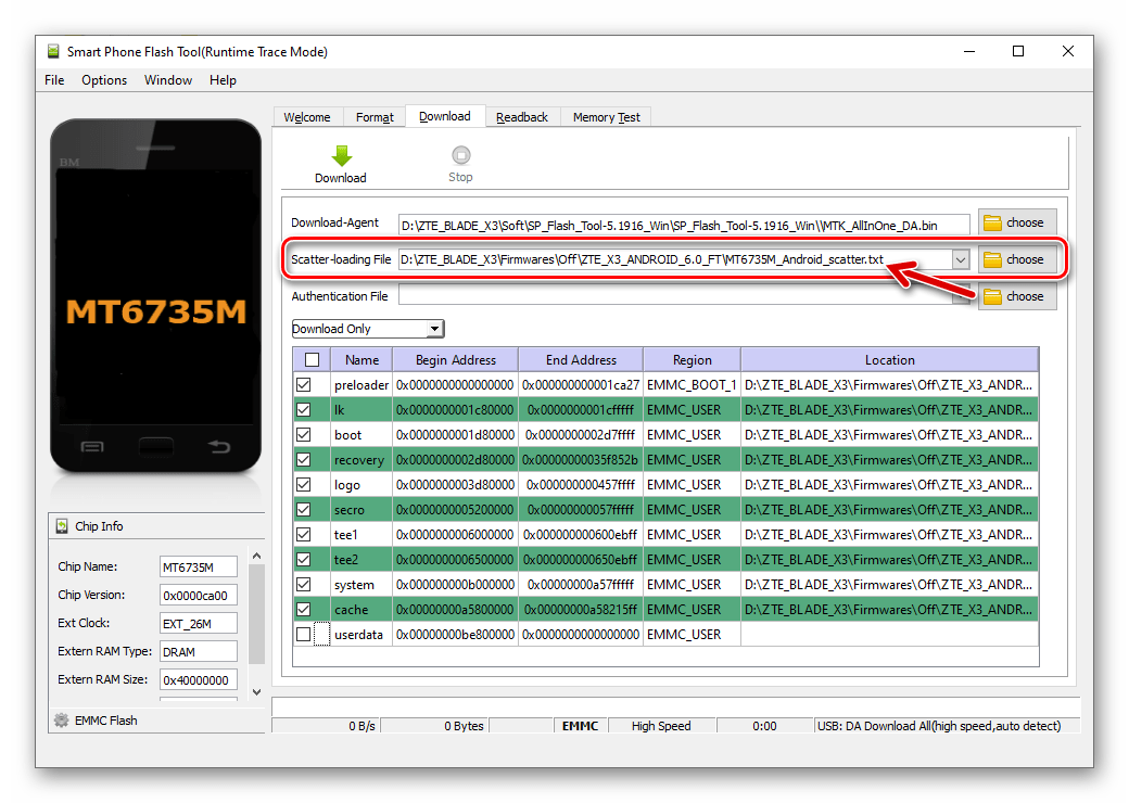 ZTE Blade X3 SP Flash Tool - раскирпичивание девайса - загрузка скаттера в прошивальщик