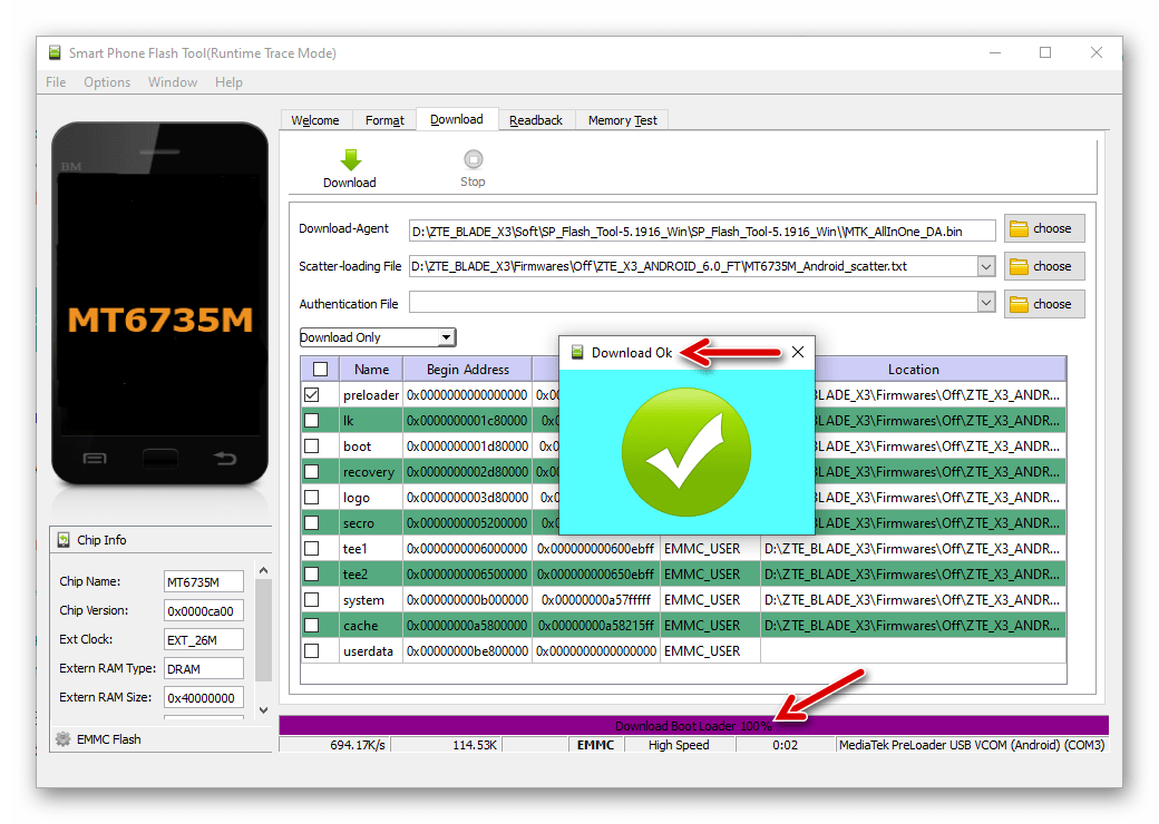 ZTE Blade X3 SP Flash Tool прошивка прелоадера в аппарат с целью раскирпичивания завершена