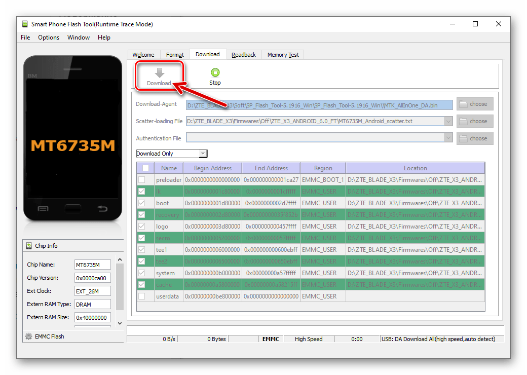 ZTE Blade X3 SP Flash Tool кнопка Download в окне приложения для начала прошивки аппарата