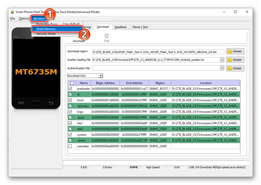 ZTE Blade X3 SP Flash Tool активация вкладки Write Memory и переход на нее