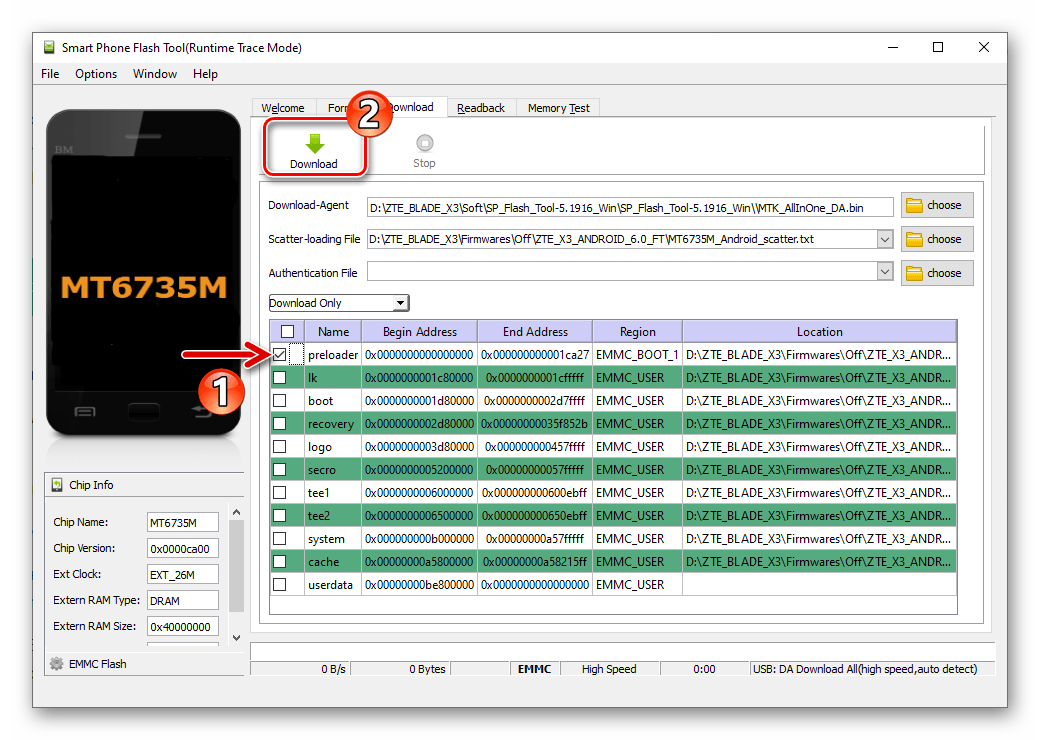 ZTE Blade X3 прошивка прелоадера в окирпиченный смартфон через SP Flash Tool