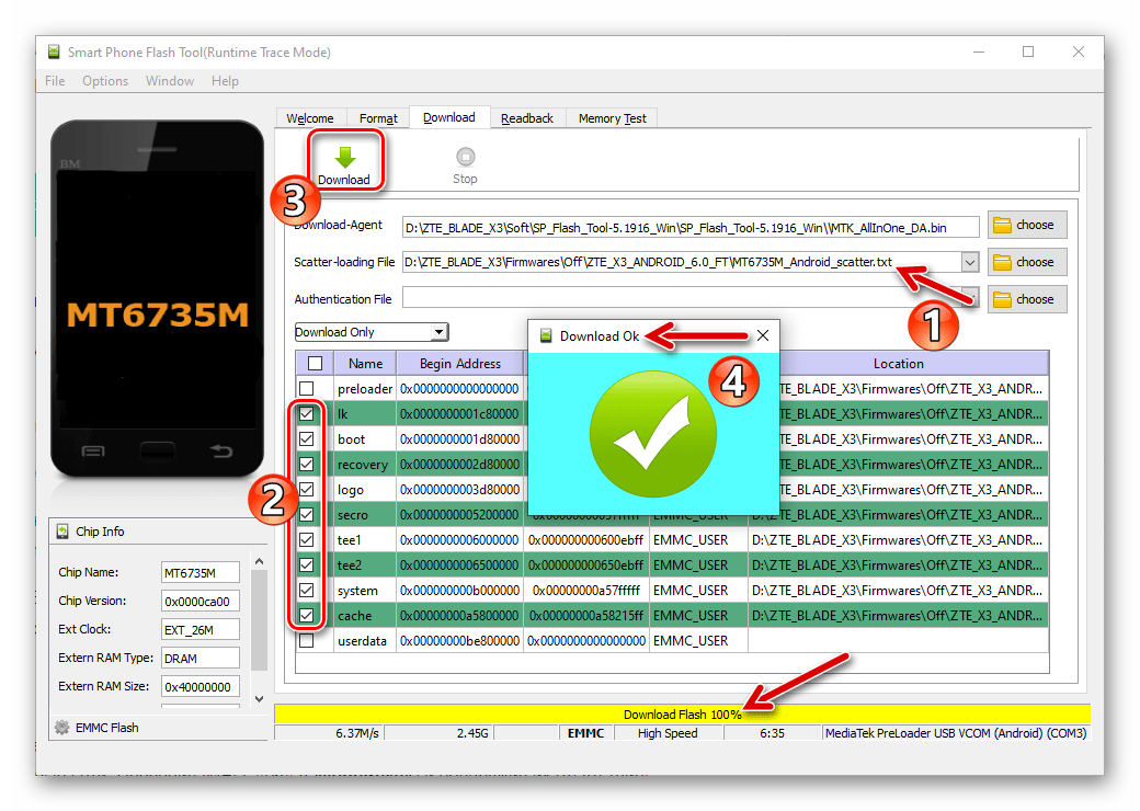 ZTE Blade X3 прошивка аппарата через SP Flash Tool после восстановления загрузчика (прошивки прелоадера)