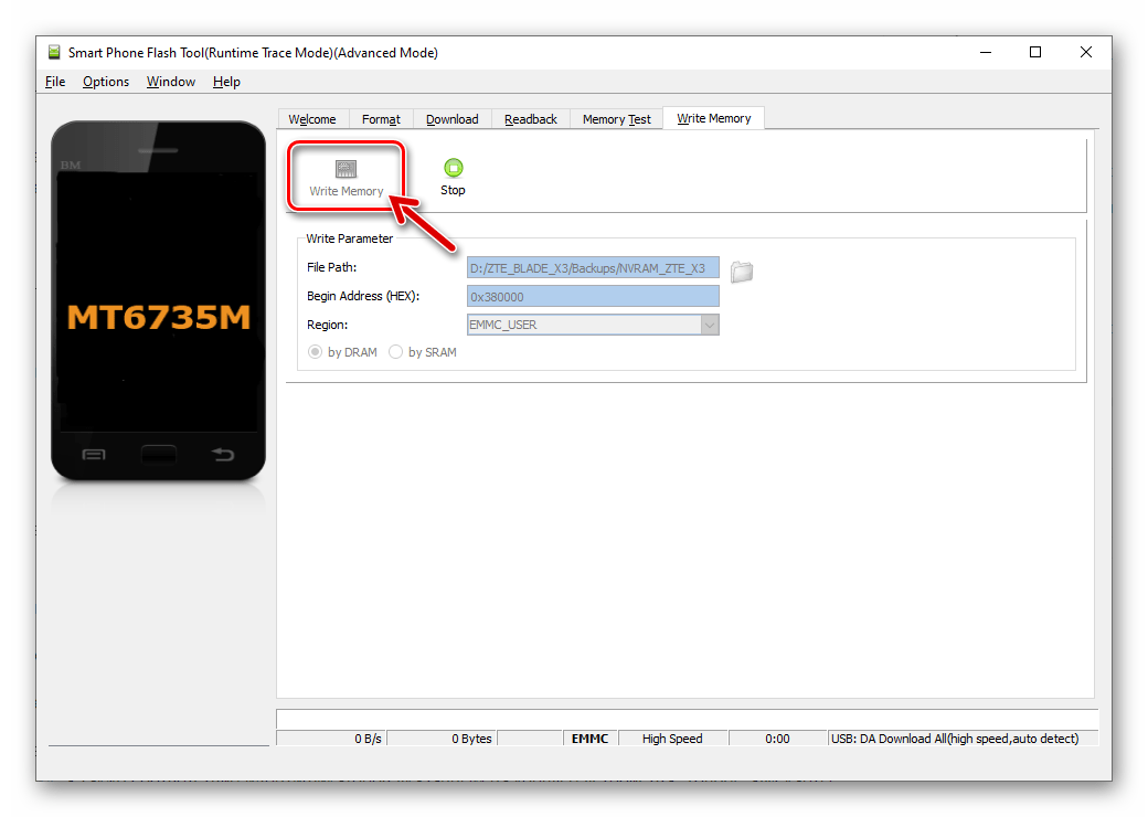 ZTE Blade X3 SP Flash Tool начало записи дампа NVRAM в память аппарата