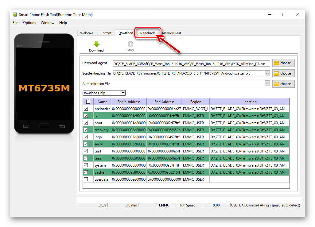 ZTE Blade X3 Переход на вкладку Readback в приложении SP Flash Tool для вычитки дампа NVRAM из памяти аппарата