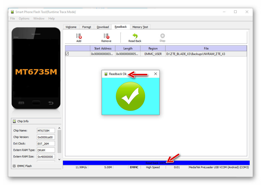 ZTE Blade X3 завершение вычитки дампа NVRAM через SP Flash Tool