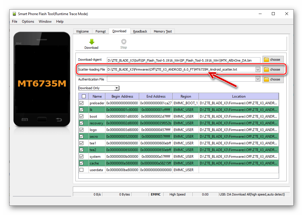 ZTE Blade X3 восстановление NVRAM из бэкапа через SP Flash Tool - загрузка скаттера установленной прошивки