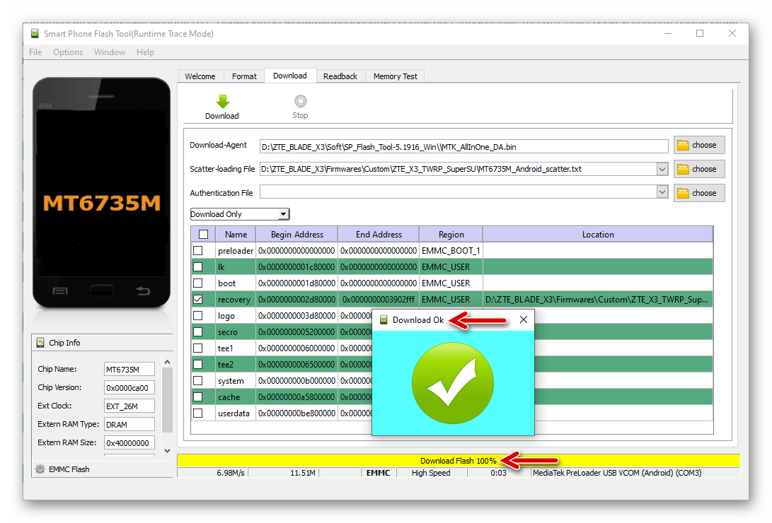ZTE Blade X3 образ кастомного рекавери TWRP через SP Flash Tool прошит успешно