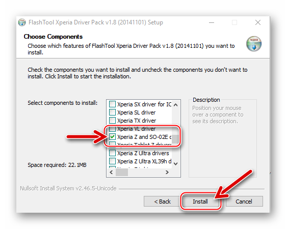 Sony Xperia Z установка драйверов из комплекта Flashtool выбор Xperia Z and SO-02E