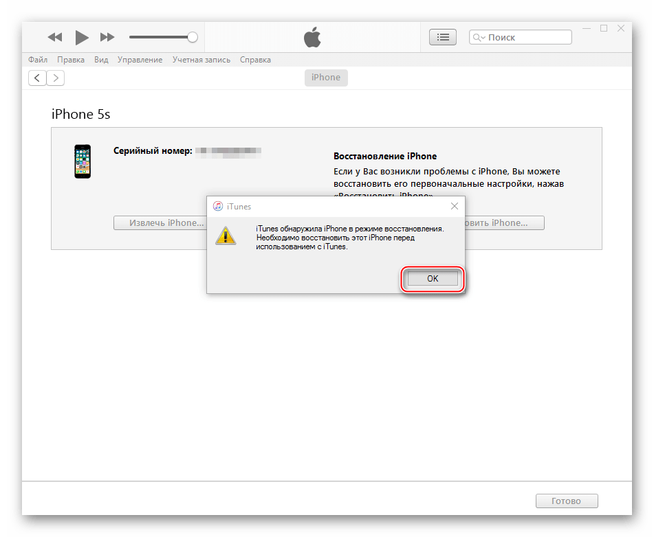 Apple iPhone 5S уведомление iTunes смартфон подключен в режиме REcovery Mode