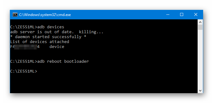 ASUS Zenfone 2 ZE551ML adb reboot bootloader