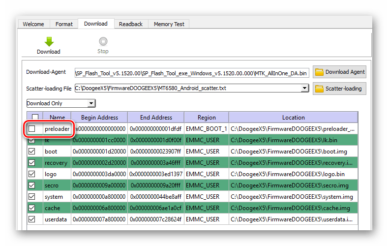 SP Flash Tool галочка Preloader