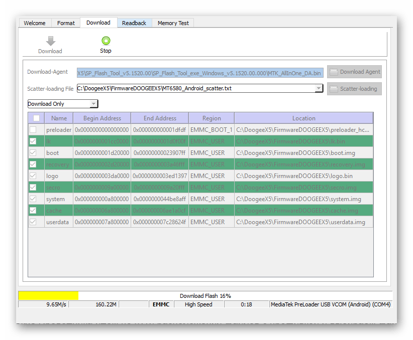 SP Flash Tool прошивка прогресс