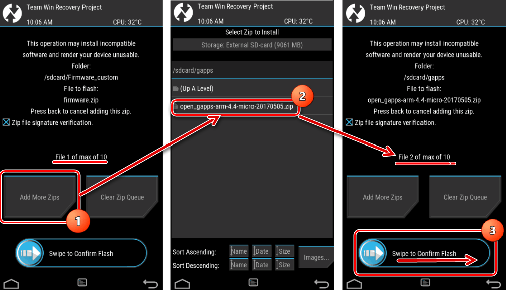 TWRP пакетная установка зип-файлов