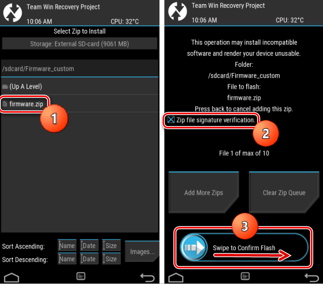 TWRP выбор файла и начало прошивки