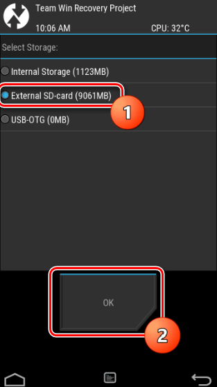 TWRP выбор места где расположена прошивка