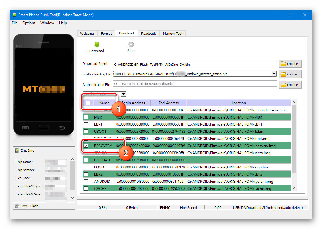 SP Flash Tool прошивка рекавери выбор раздела