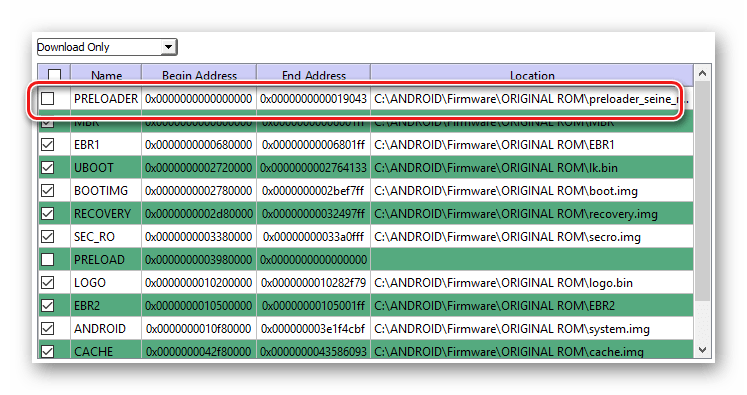 SP Flash Tool снять галку с Preloader