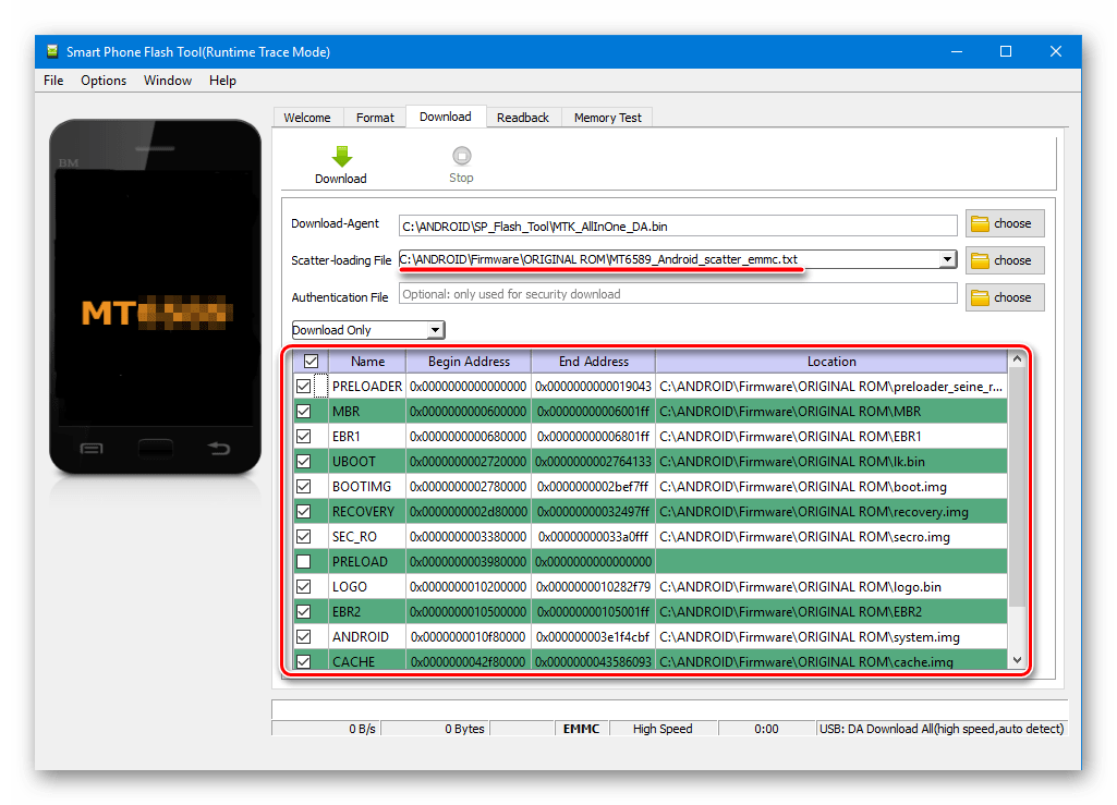 SP Flash Tool скаттер файл загружен