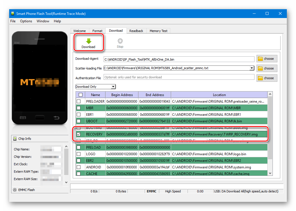 SP Flash Tool прошивка рекавери перед стартом