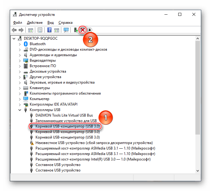 Удаление контроллеров USB в Диспетчере устройств Windows