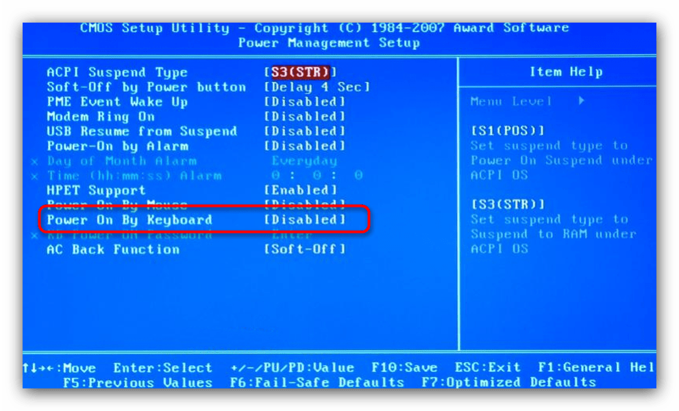 Включение с клавиатуры в CMOS BIOS