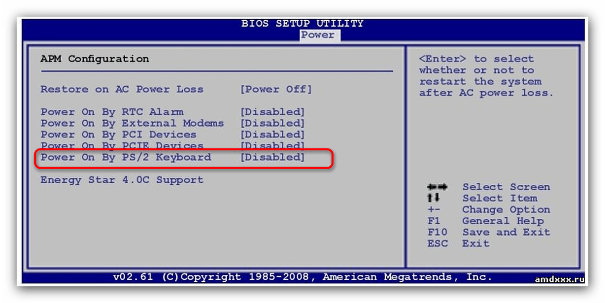 Включение с клавиатуры в BIOS Setup Utility