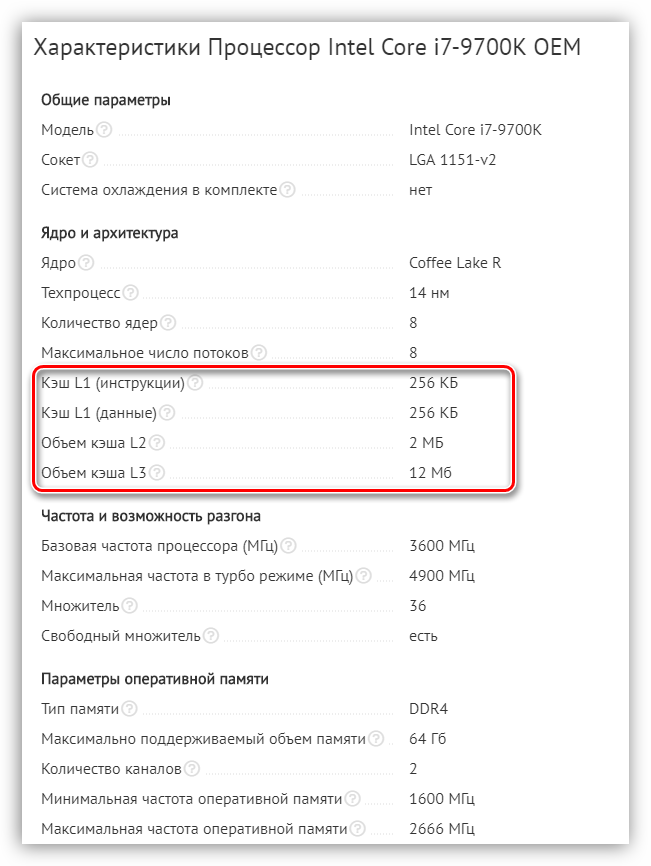 Характеристики кэша разного уровня в центральном процессоре